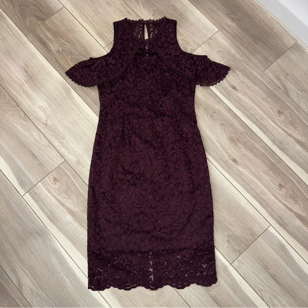 White House Black Market Burgundy Lace Mini Dress cold shoulder shift dress
